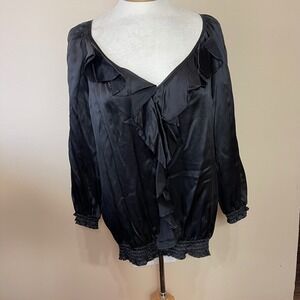 White House Black Market Black 100% Silk Ruffle V-Neck Smocked Blouse XL